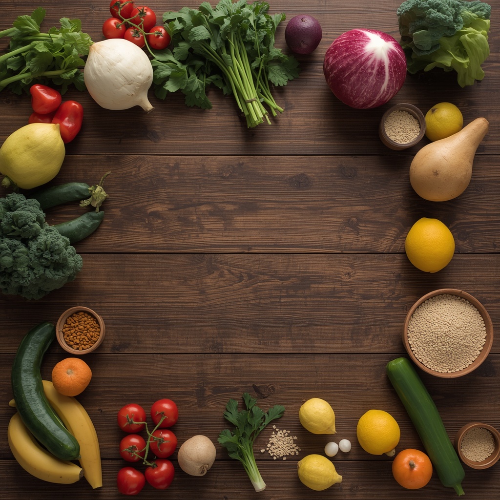 A wooden table with fresh vegetables, fruits, and whole grains arranged for meal prep, no woman in the image, generated via Nano Banana2