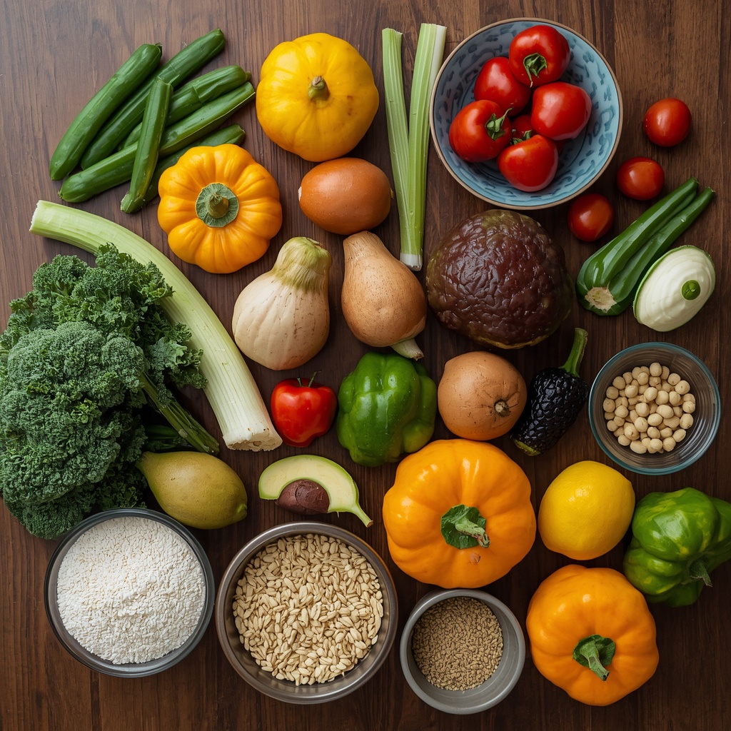 A diverse arrangement of fresh vegetables, fruits, and whole grains on a wooden table representing balanced nutrition for weight loss, no woman in the image, generated via Nano Banana2